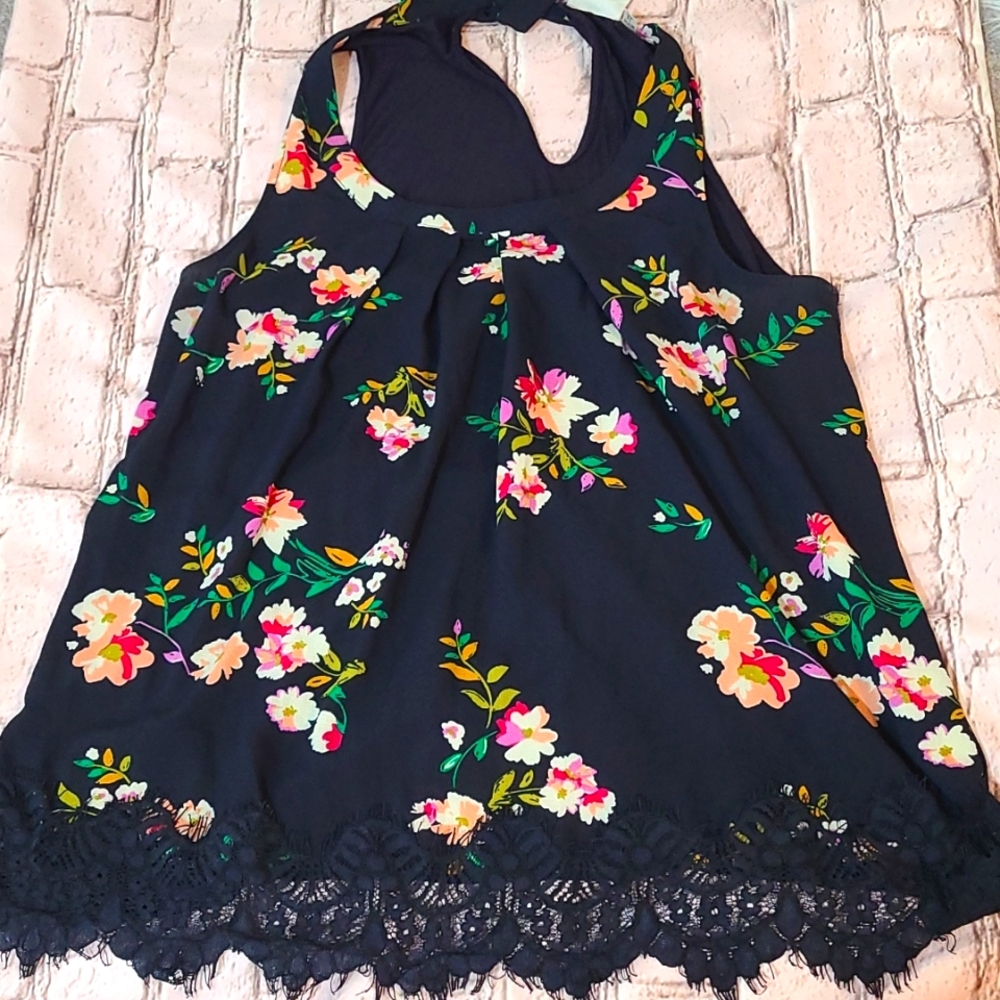 Floral Sleeveless Top XL Navy Blue